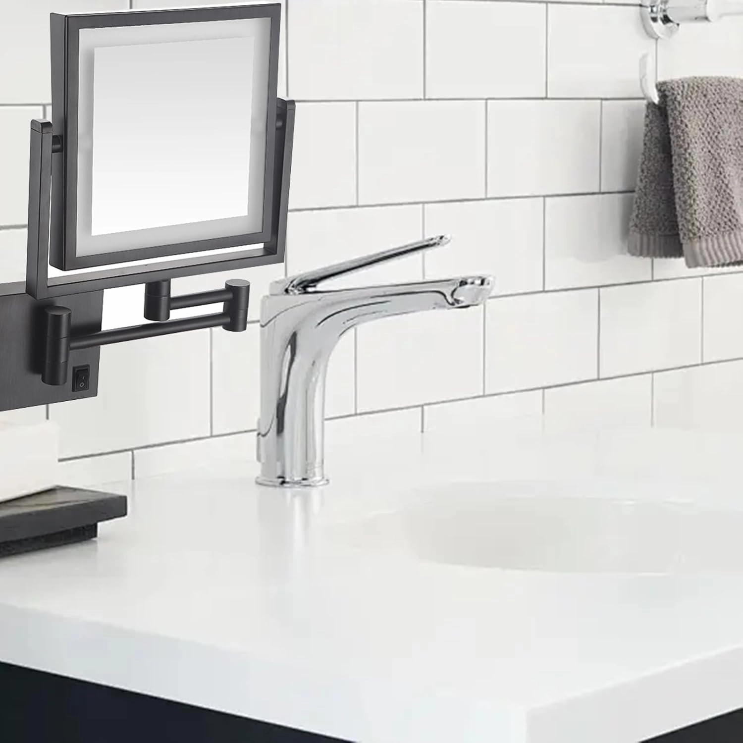 Square Wall Mounted Vanity Mirror with Light, Double Sided Cosmetic Mirror Wall Mounted Lighted, 360° Swivel Cosmetic Mirror with Light and Magnification, Foldable Shaving Square Mirror