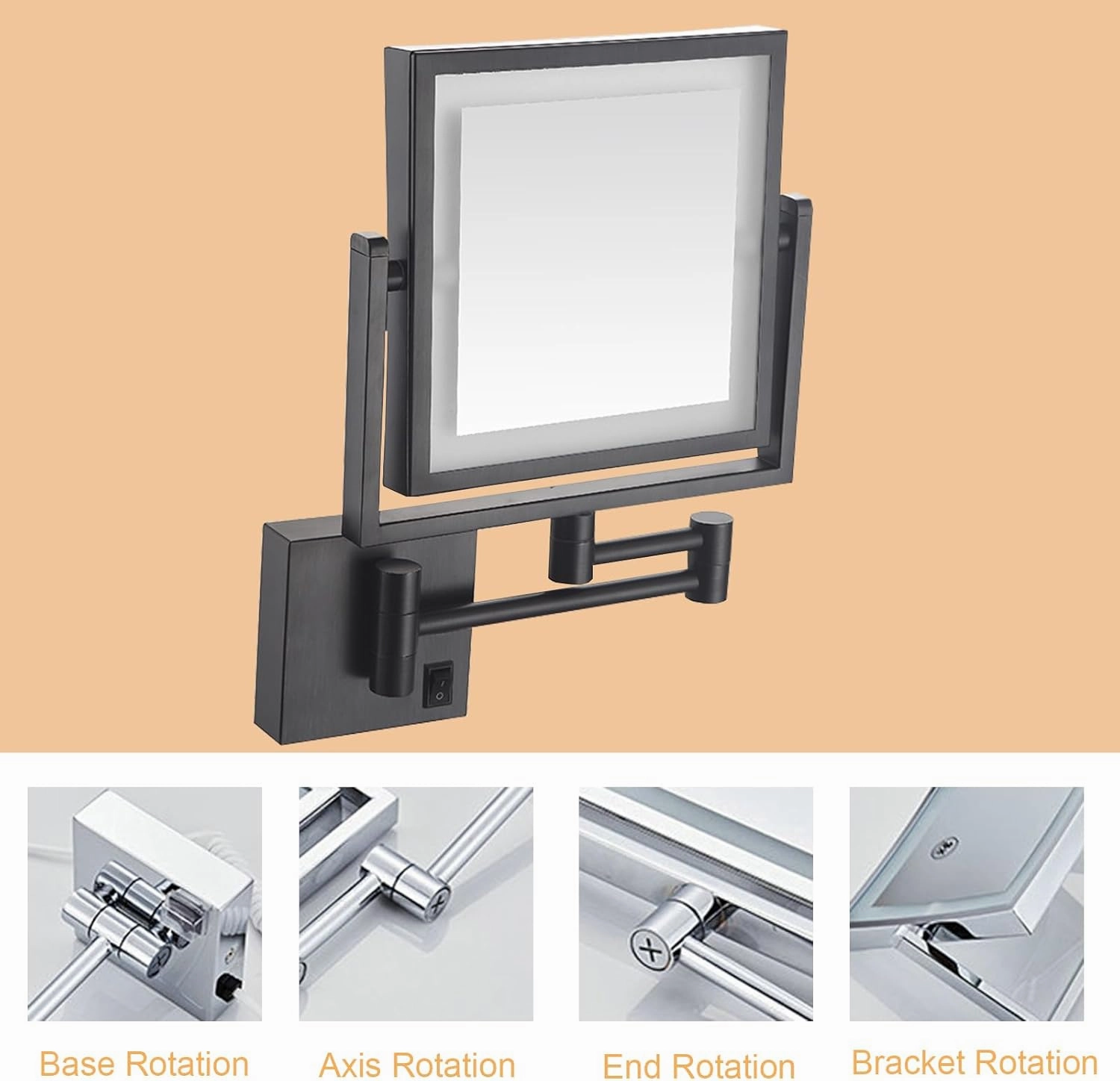 Square Wall Mounted Vanity Mirror with Light, Double Sided Cosmetic Mirror Wall Mounted Lighted, 360° Swivel Cosmetic Mirror with Light and Magnification, Foldable Shaving Square Mirror