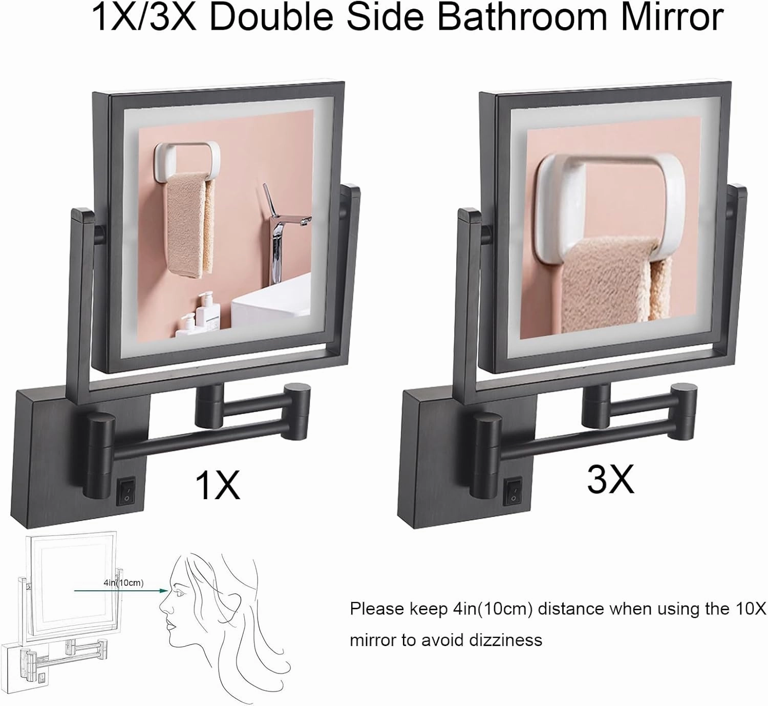 Square Wall Mounted Vanity Mirror with Light, Double Sided Cosmetic Mirror Wall Mounted Lighted, 360° Swivel Cosmetic Mirror with Light and Magnification, Foldable Shaving Square Mirror