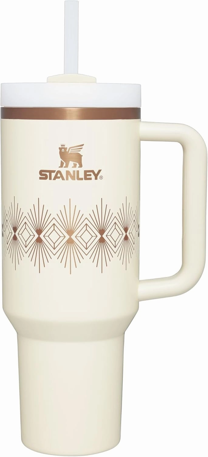 STANLEY Quencher H2.0 Tumbler with Handle and Straw 40 oz | Flowstate 3-Position Lid | Cup Holder Compatible for Travel | Insulated Stainless Steel Cup | BPA-Free | Cream Gloss Deco