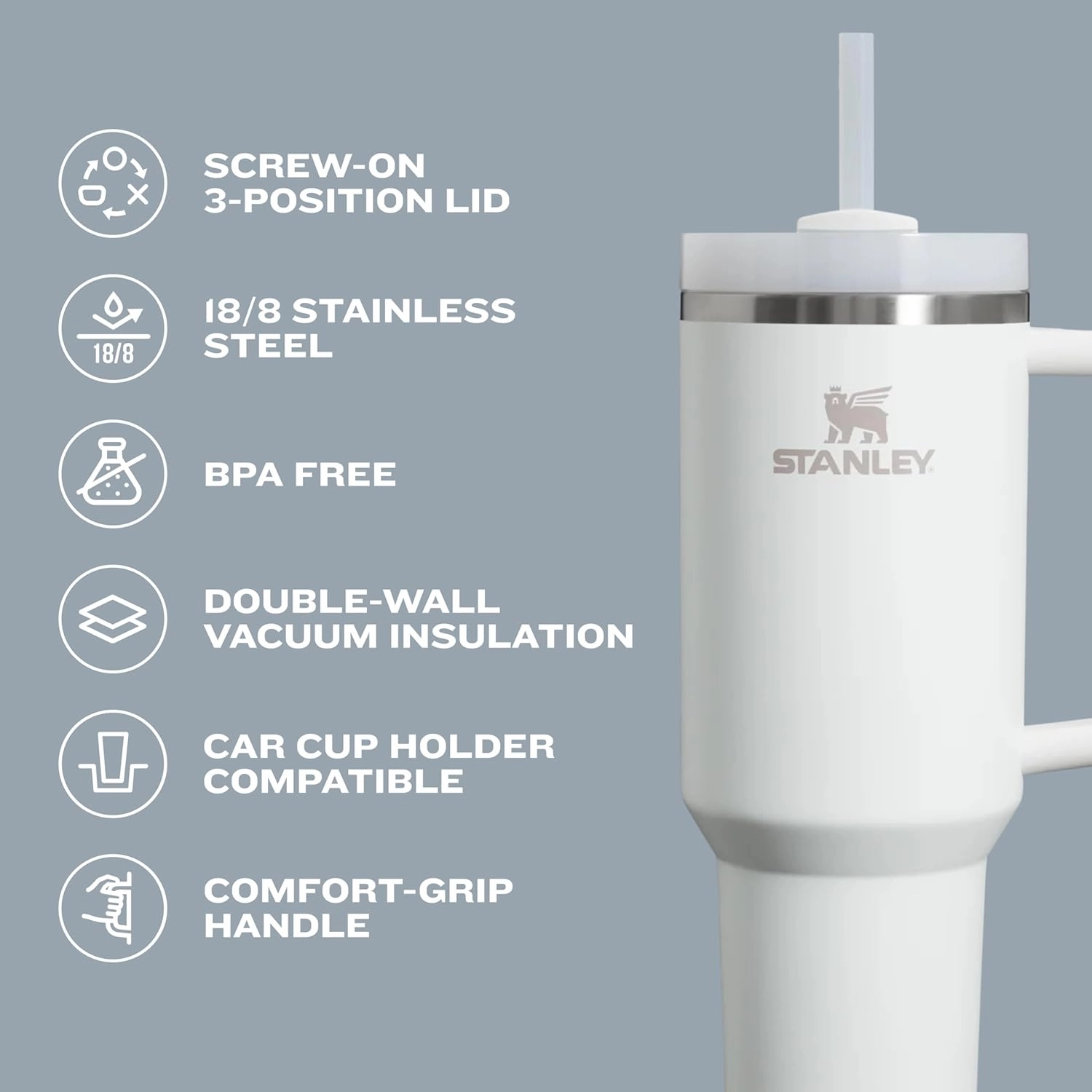 STANLEY Quencher H2.0 Tumbler with Handle and Straw 40 oz | Flowstate 3-Position Lid | Cup Holder Compatible for Travel | Insulated Stainless Steel Cup | BPA-Free | Cream Gloss Deco