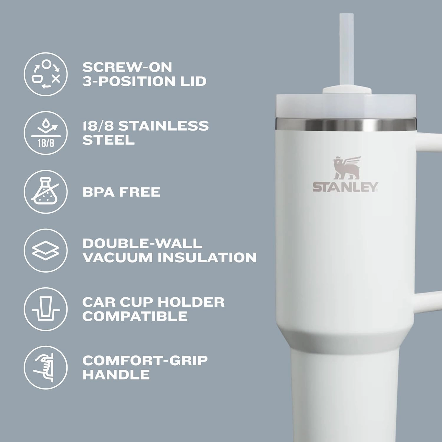 Stanley Quencher H2.0 Tumbler with Handle and Straw 40 oz | Flowstate 3-Position Lid | Cup Holder Compatible for Travel | Insulated Stainless Steel Cup | BPA-Free | Lilac