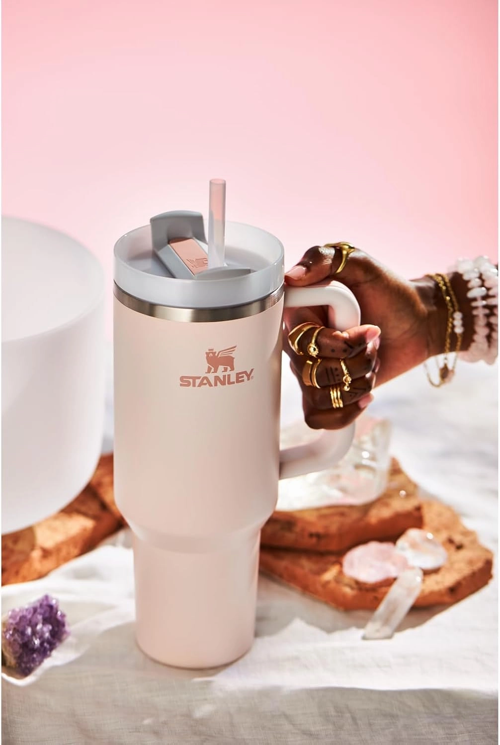 Stanley Quencher H2.0 Tumbler with Handle and Straw 40 oz | Flowstate 3-Position Lid | Cup Holder Compatible for Travel | Insulated Stainless Steel Cup | BPA-Free | Rose Quartz 2.0