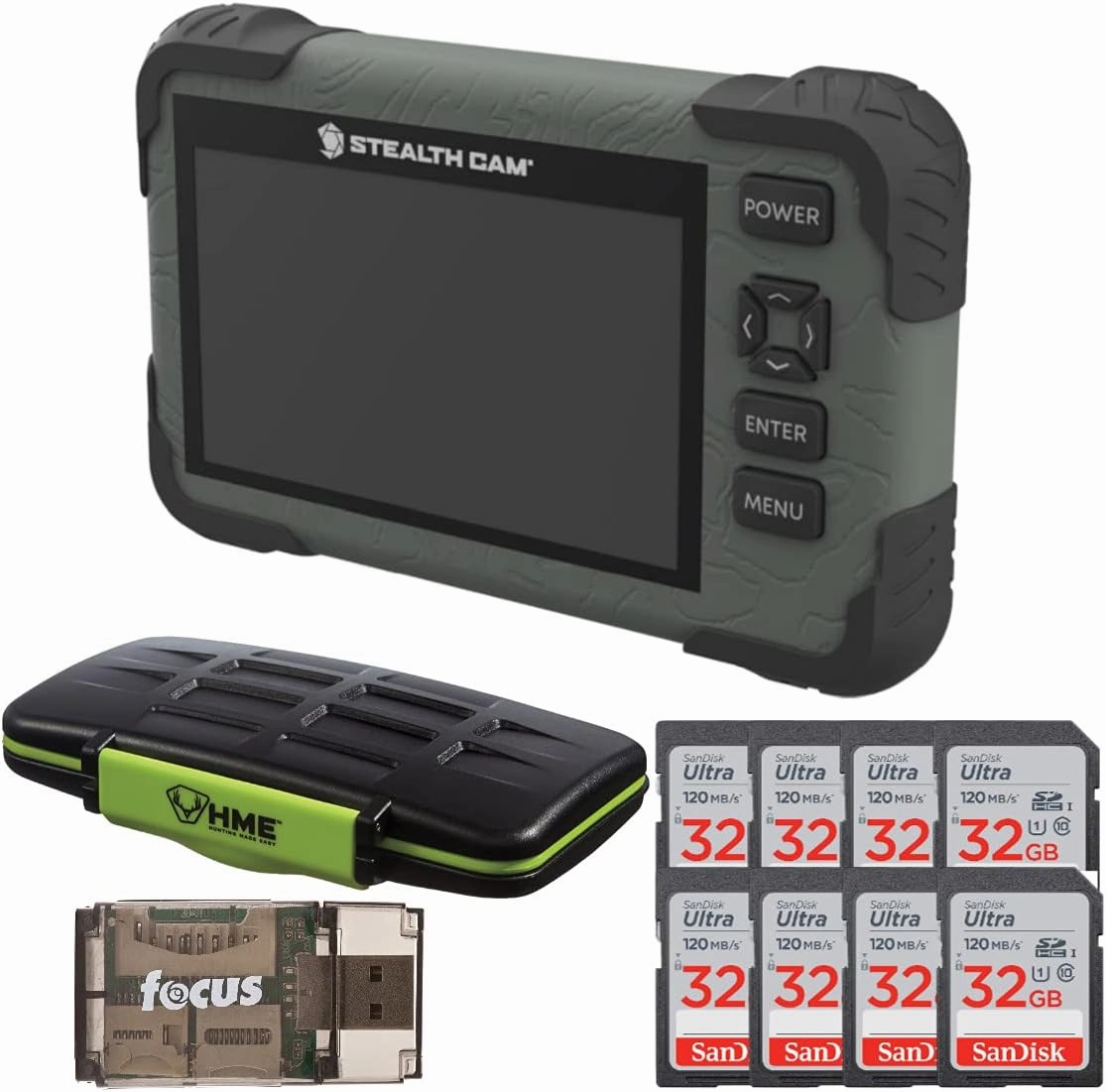 Stealth Cam SD Card Reader/Viewer Bundle with Stealth Cam HME SD Card Holder, 32GB Memory Card (8-Pack), and All-In-One High-Speed USB 2.0 Card Reader (11 Items)