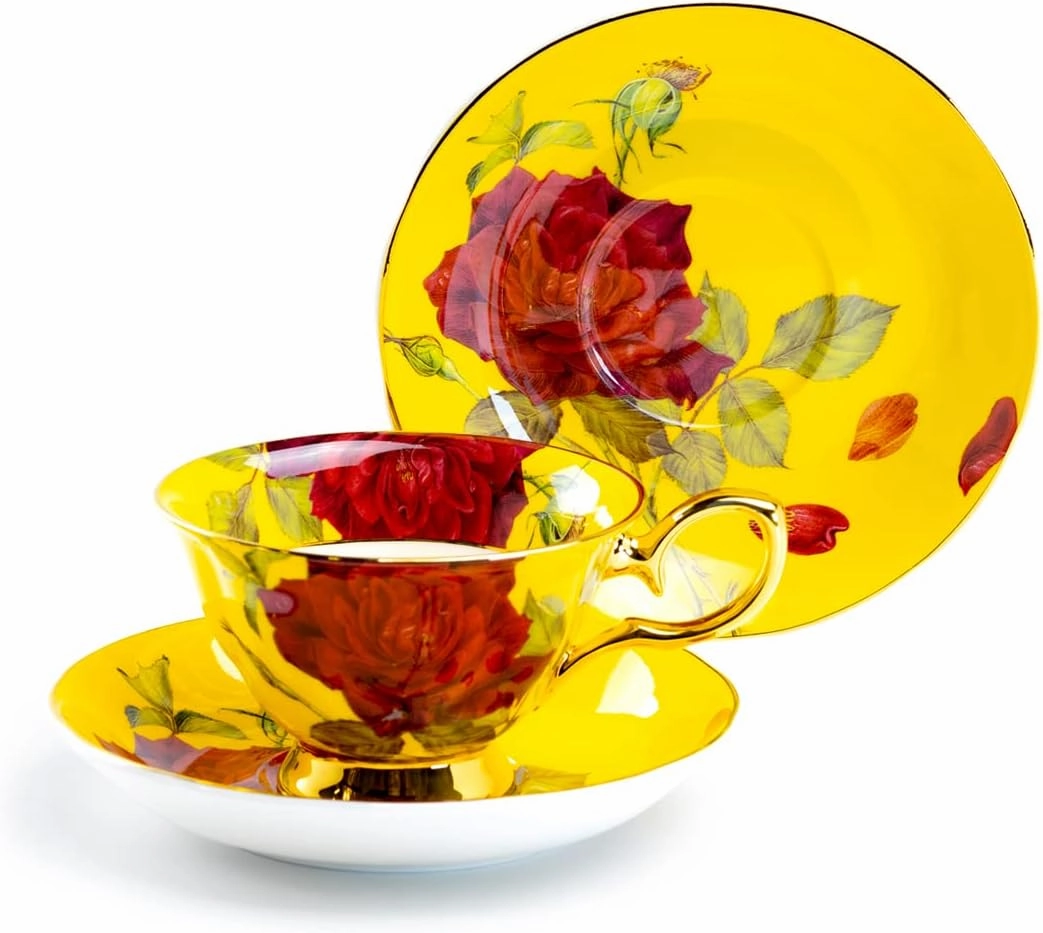 Stem Rose Bone China Tea Cup and Saucer (Yellow)