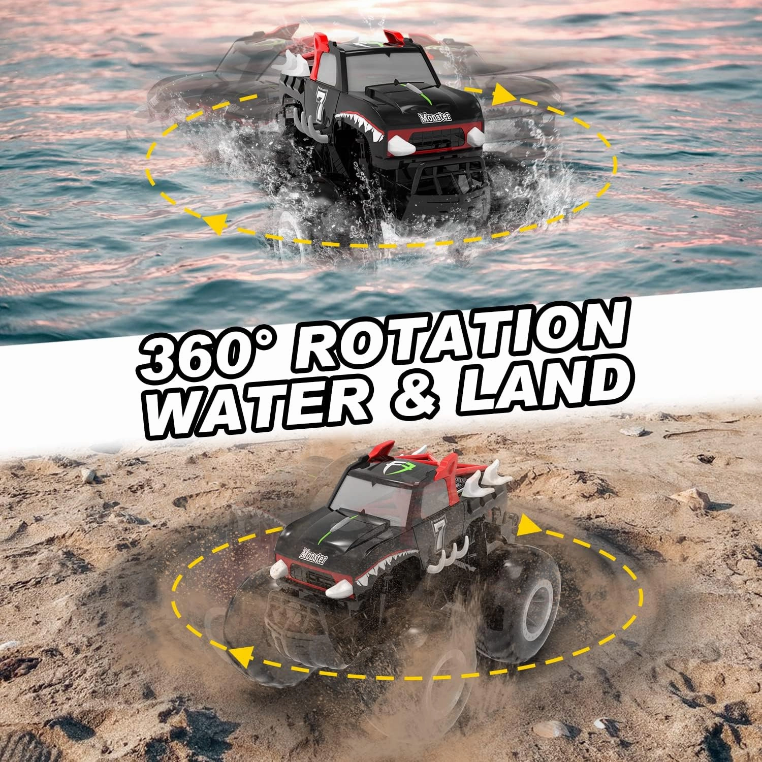 STEMTRON Amphibious Remote Control Car Toys for Boys 2.4 GHz 1:16 All Terrain Off-Road RC Car Waterproof RC Monster Truck Kids Pool Toys Remote Control Boat Gifts for Kids Boys