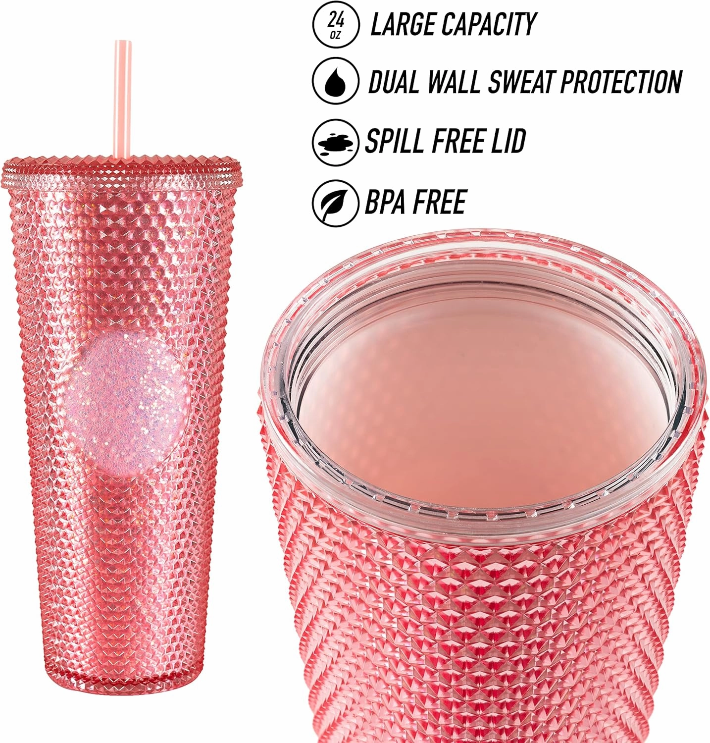 Sterz Studded Tumbler with Straw | Double Wall Tumbler perfect for Hot and Cold Drinks | Iced Coffee Cup, Smoothie Cup | Reusable, BPA Free, 24oz Capacity (Rose Pink)