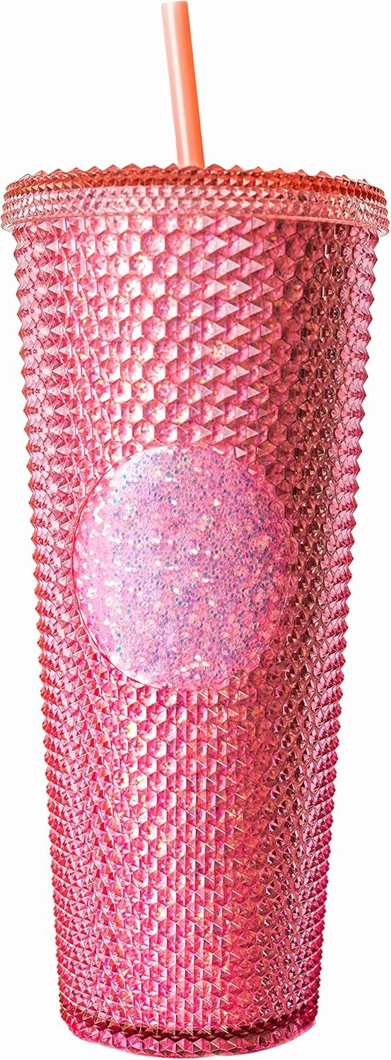 Sterz Studded Tumbler with Straw | Double Wall Tumbler perfect for Hot and Cold Drinks | Iced Coffee Cup, Smoothie Cup | Reusable, BPA Free, 24oz Capacity (Rose Pink)