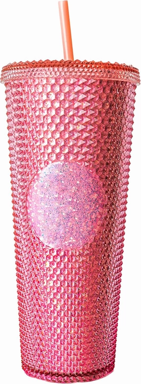 Sterz Studded Tumbler with Straw | Double Wall Tumbler perfect for Hot and Cold Drinks | Iced Coffee Cup, Smoothie Cup | Reusable, BPA Free, 24oz Capacity (Rose Pink)