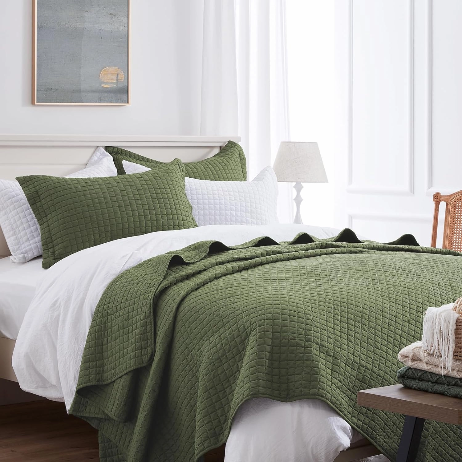 SunStyle Home Olive Green Quilt, Queen Size Quilt Set Lightweight Blanket Bedspread Full Soft Reversible Coverlet All Season 3pcs Army Green Square Quilted Bedding Sets with 2 Pillow Shams(90"x96")