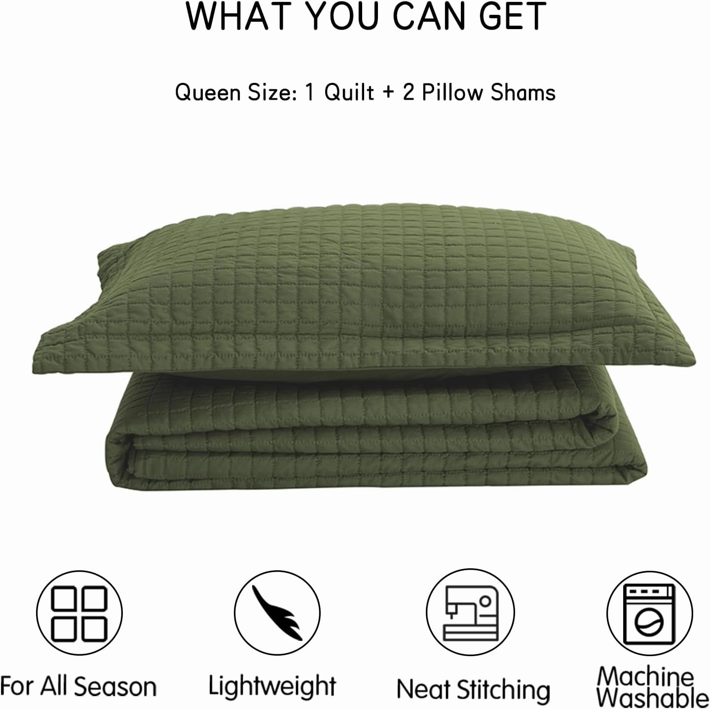 SunStyle Home Olive Green Quilt, Queen Size Quilt Set Lightweight Blanket Bedspread Full Soft Reversible Coverlet All Season 3pcs Army Green Square Quilted Bedding Sets with 2 Pillow Shams(90"x96")