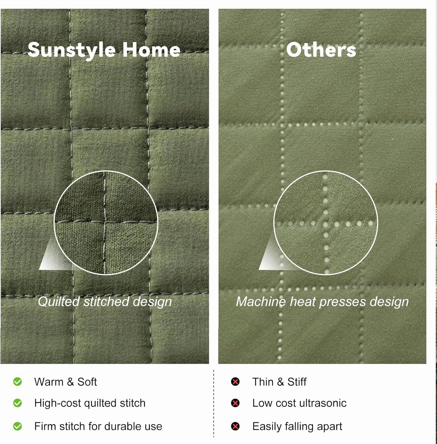 SunStyle Home Olive Green Quilt, Queen Size Quilt Set Lightweight Blanket Bedspread Full Soft Reversible Coverlet All Season 3pcs Army Green Square Quilted Bedding Sets with 2 Pillow Shams(90"x96")