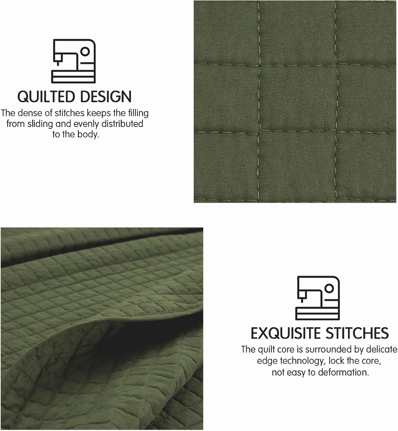 SunStyle Home Olive Green Quilt, Queen Size Quilt Set Lightweight Blanket Bedspread Full Soft Reversible Coverlet All Season 3pcs Army Green Square Quilted Bedding Sets with 2 Pillow Shams(90"x96")