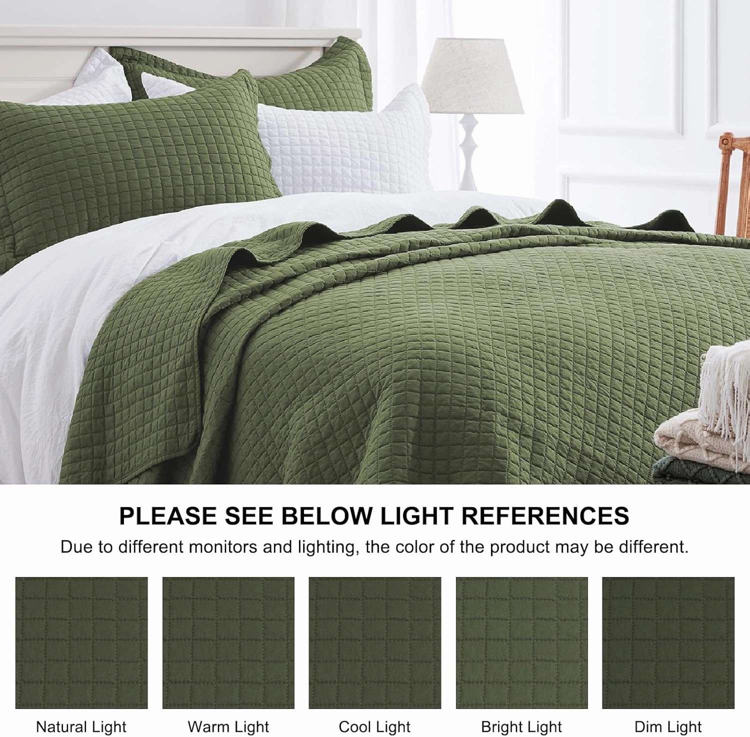 SunStyle Home Olive Green Quilt, Queen Size Quilt Set Lightweight Blanket Bedspread Full Soft Reversible Coverlet All Season 3pcs Army Green Square Quilted Bedding Sets with 2 Pillow Shams(90"x96")