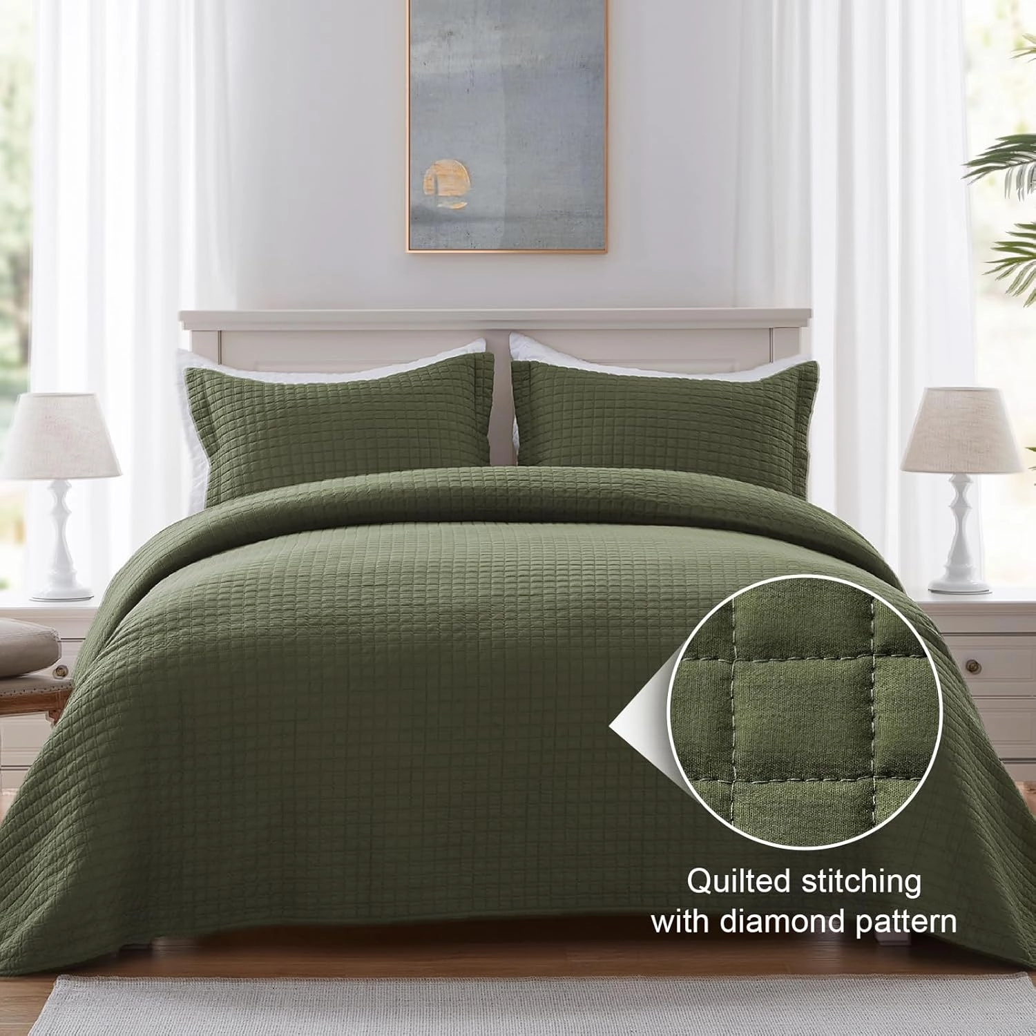 SunStyle Home Olive Green Quilt, Queen Size Quilt Set Lightweight Blanket Bedspread Full Soft Reversible Coverlet All Season 3pcs Army Green Square Quilted Bedding Sets with 2 Pillow Shams(90"x96")