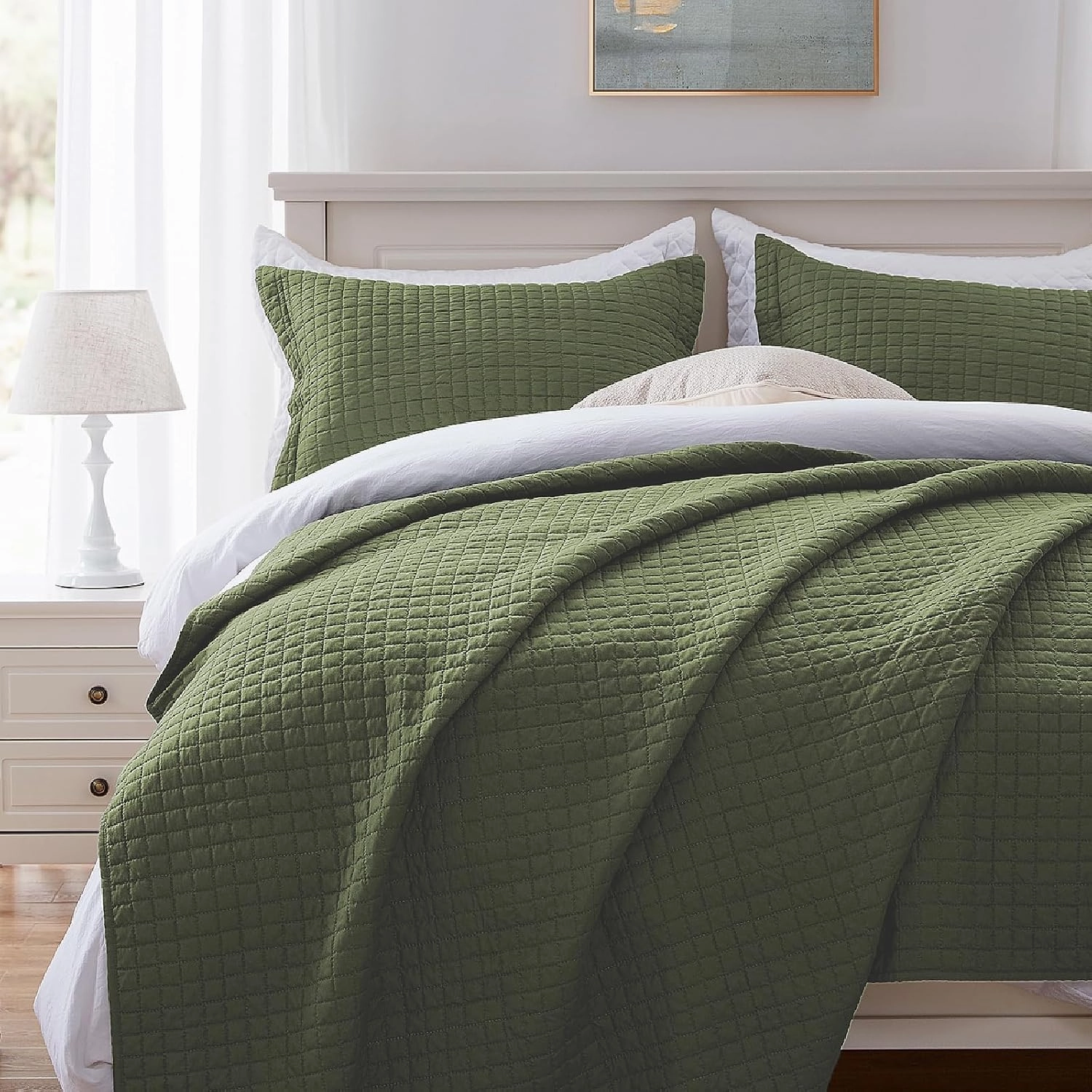 SunStyle Home Olive Green Quilt, Queen Size Quilt Set Lightweight Blanket Bedspread Full Soft Reversible Coverlet All Season 3pcs Army Green Square Quilted Bedding Sets with 2 Pillow Shams(90"x96")