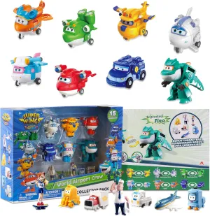 Super Wings 15-Pack Transforming Toys 2 inch Airplane Robot Mini Action Figures with Real Mobile Wheels for Kids 3 4 5 6 7 8  Birthday Party Supplies for Preschool Boys and Girls