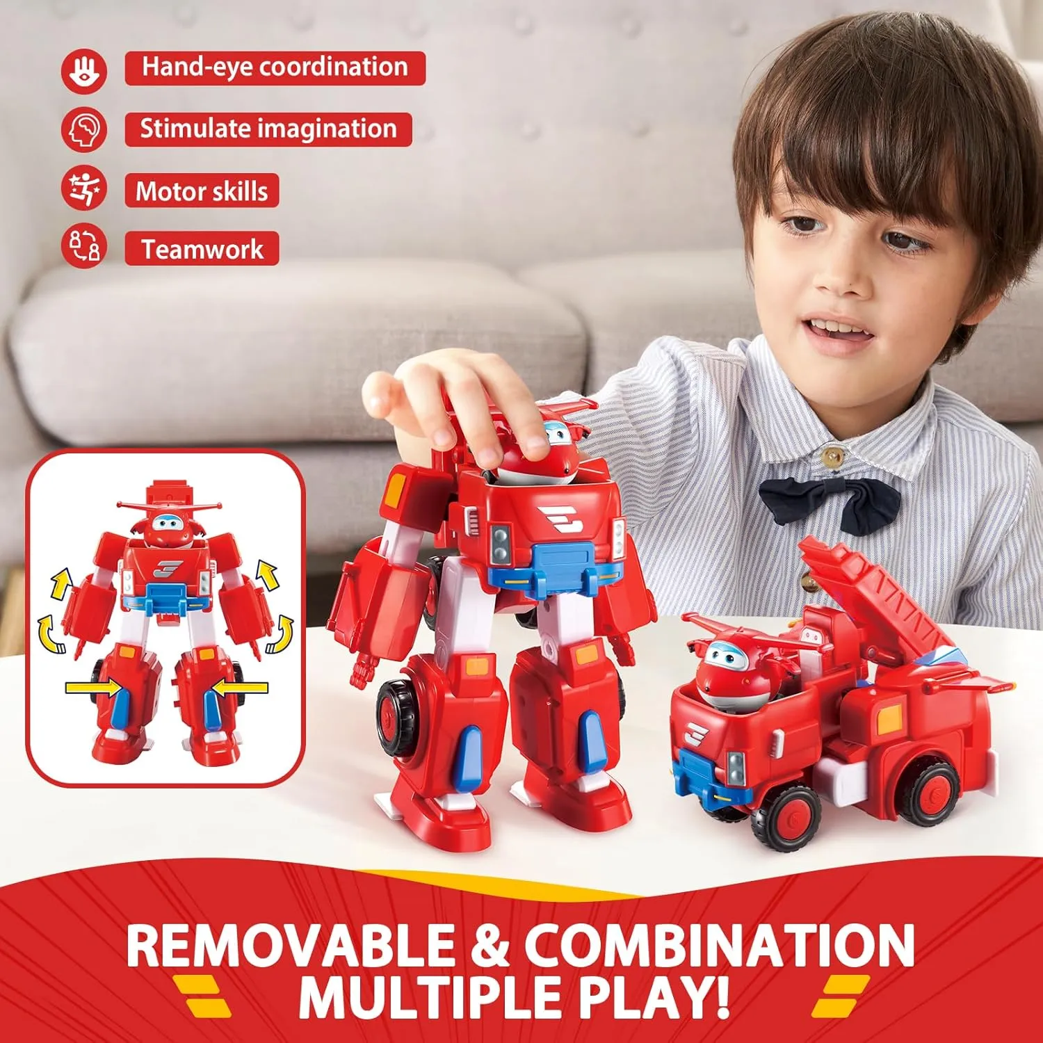 Super Wings Transformable Toys, 7" Jett Robot Suit and 2” Scale Transforming Jett Mini Action Figure,2-in-1 Mode Vehicle and Robot, Vehicle Playset for Kids 3 ,Gifts for Boys and Girls,Red