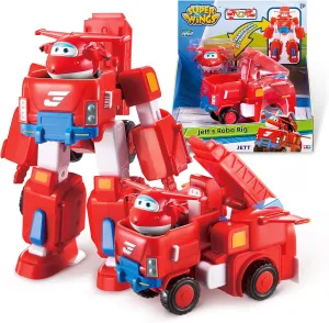 Super Wings Transformable Toys, 7" Jett Robot Suit and 2” Scale Transforming Jett Mini Action Figure,2-in-1 Mode Vehicle and Robot, Vehicle Playset for Kids 3 ,Gifts for Boys and Girls,Red