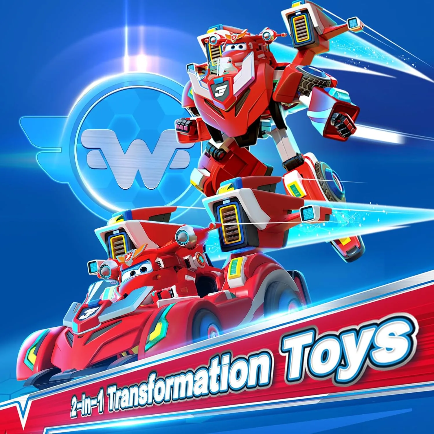 Super Wings Transformable Toys, 7" Super Robot and 2" Mini Jett Transforming Suit, 2 in 1 Racing Car-Robot Action Figure for Boys and Girls Age 3 , Gifts for Preschool Kids, Red