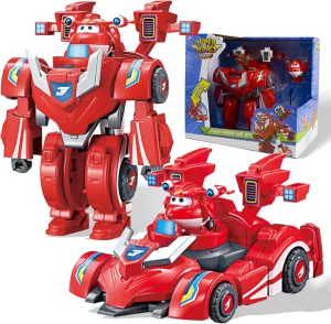 Super Wings Transformable Toys, 7" Super Robot and 2" Mini Jett Transforming Suit, 2 in 1 Racing Car-Robot Action Figure for Boys and Girls Age 3 , Gifts for Preschool Kids, Red