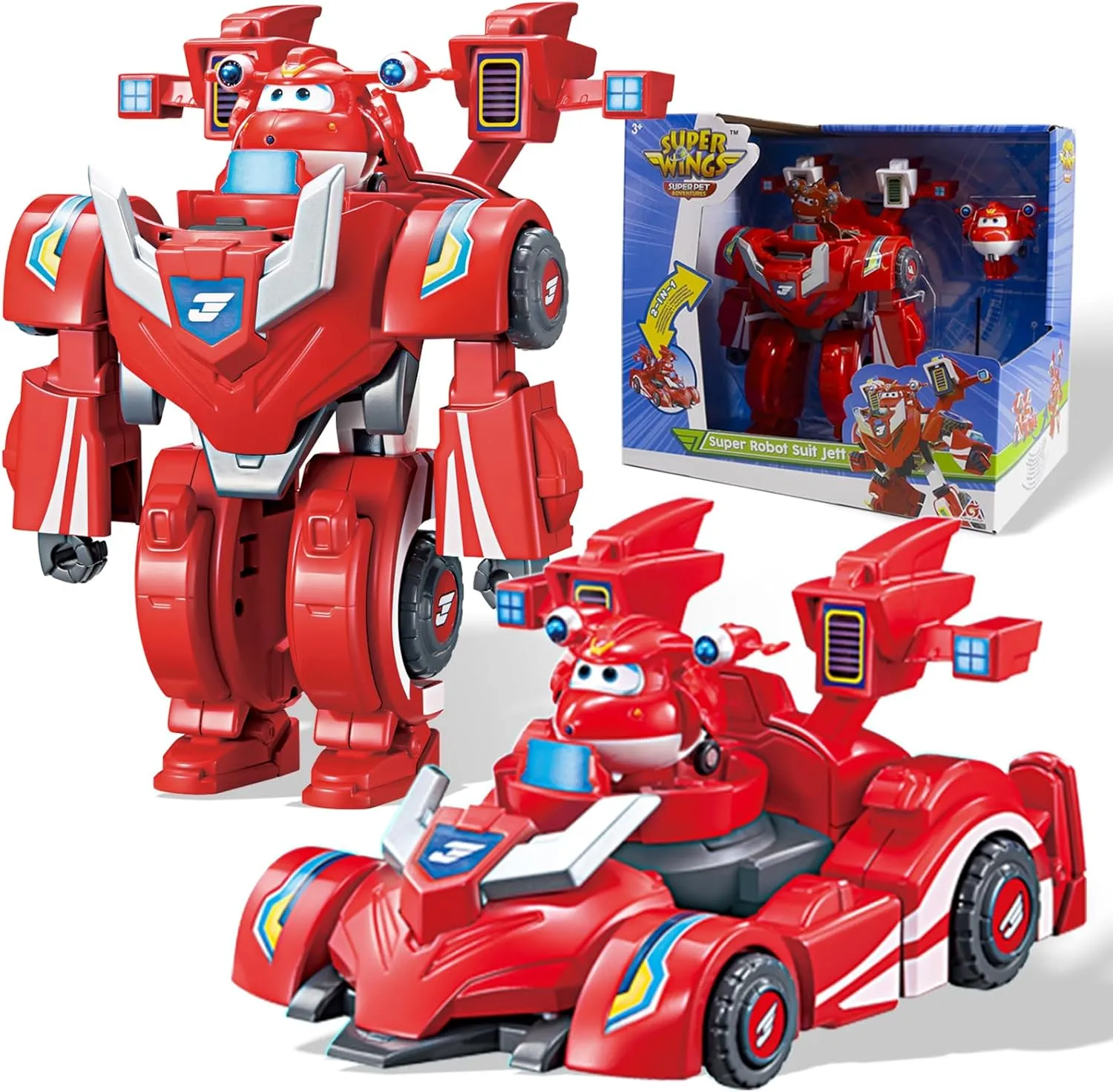 Super Wings Transformable Toys, 7" Super Robot and 2" Mini Jett Transforming Suit, 2 in 1 Racing Car-Robot Action Figure for Boys and Girls Age 3 , Gifts for Preschool Kids, Red