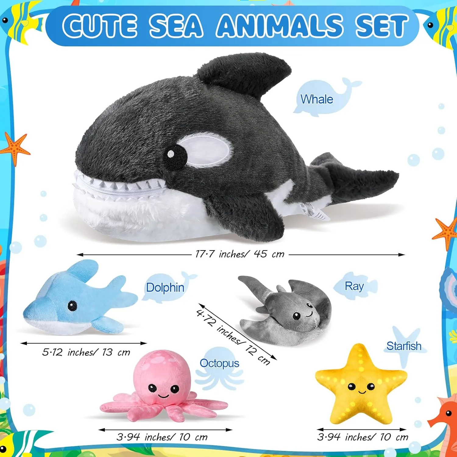 Syhood 5 Pieces Sea Stuffed Animals Plush Set Include 1 Large Whale Plush Doll with Small Starfish Dolphin Octopus Ray Stuffed Toy for Huggable Sleeping Holiday Birthday Gifts