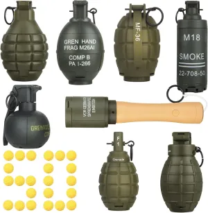 Tactical Toy-Grenade for CS Battle Game,8Pcs Fall Resistant Refillable Fun Impact,Hand Fake Grenade Toy with 100 Foam Ammo for 14  Outdoor Sport,Green