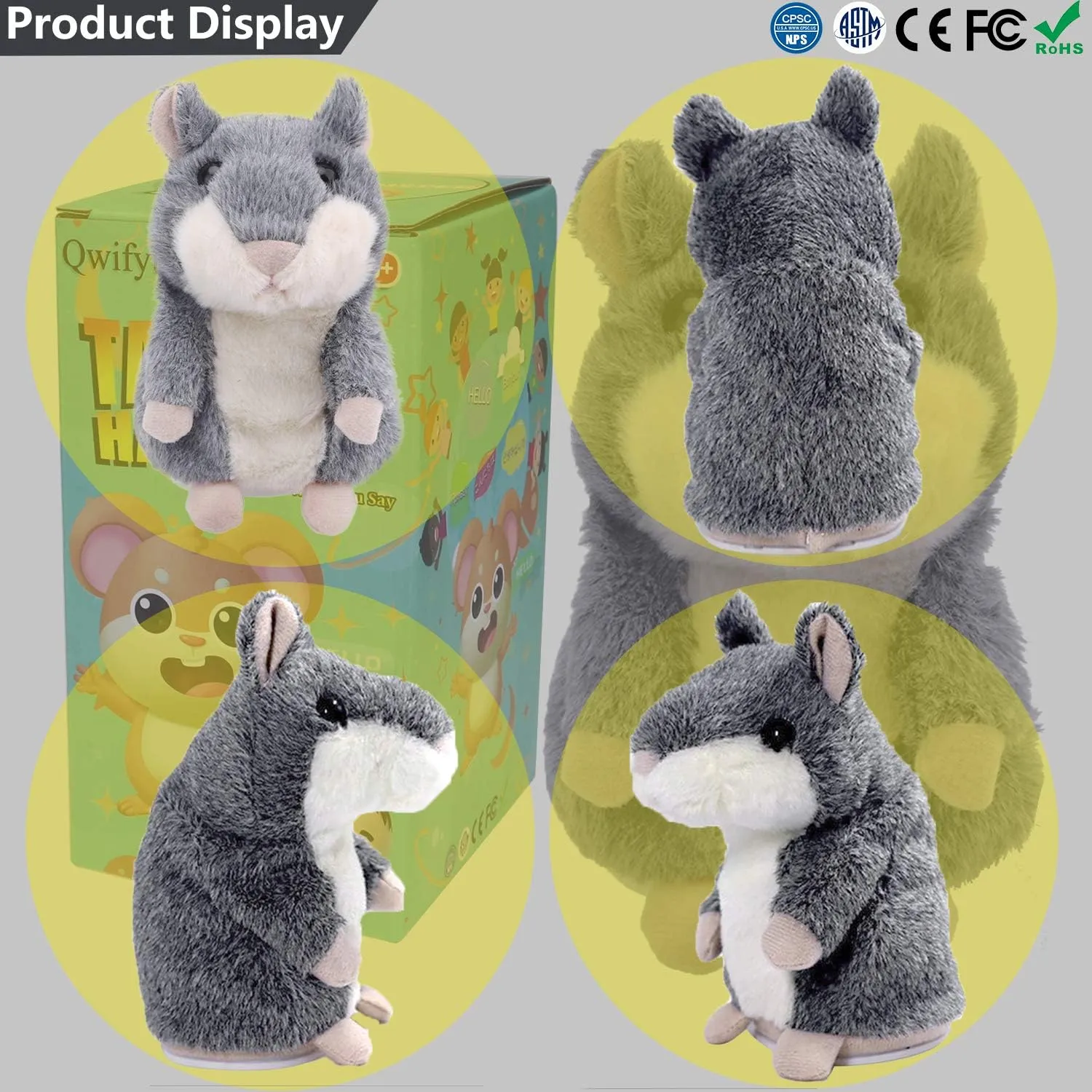 Talking Hamster, Interactive Stuffed Plush Animal Talking Toy Cute Sound Effects with Repeats Your Said Voice, Best Buddy for Kids Gift Age 3  (Gray)
