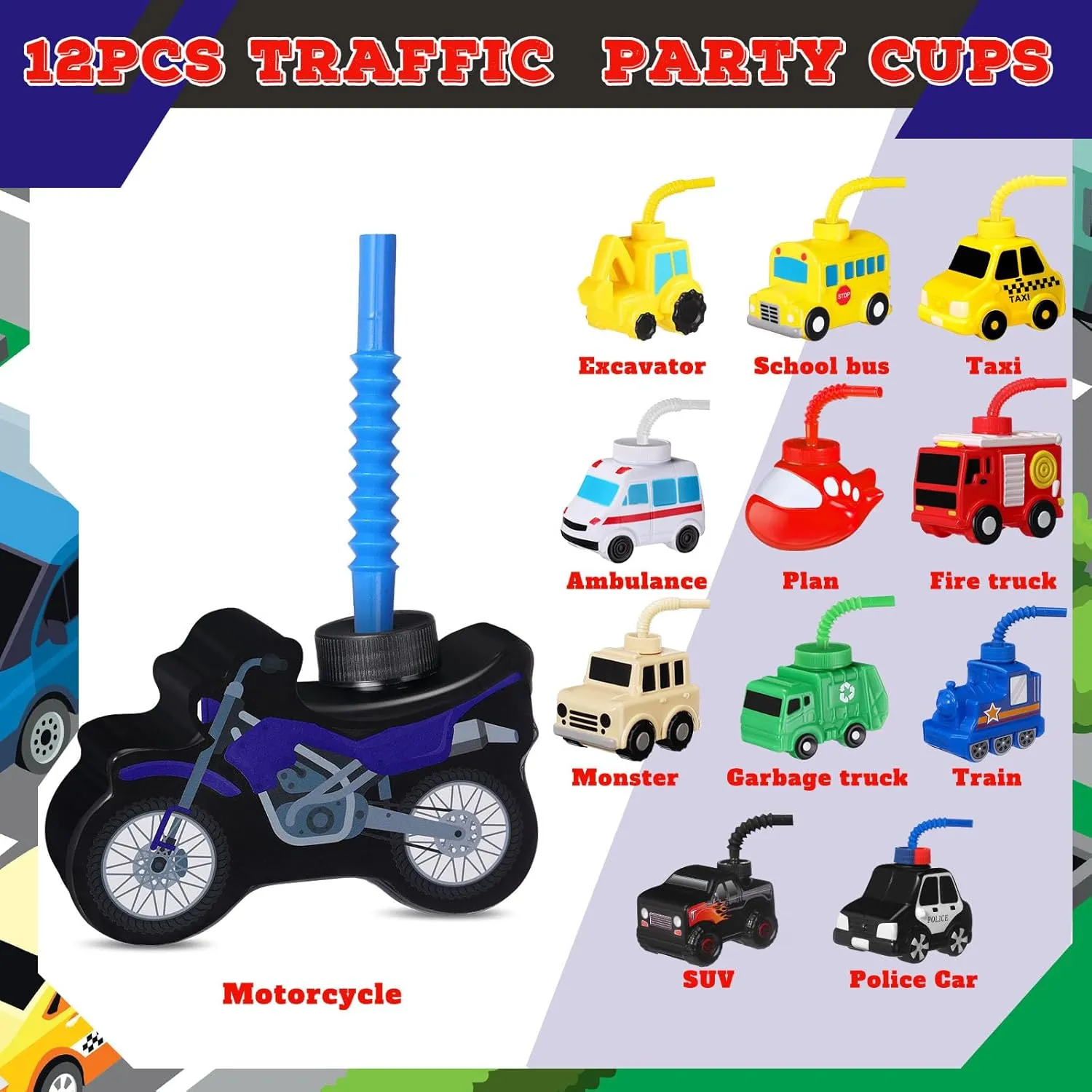 Tanlade 12 Pcs Truck Traffic Vehicle Cups with Straws, 10 oz Plastic Reusable Race Car Transportation Shape Cup Plastic Cups Bulk Truck Birthday Party Favor for Kids Car Party