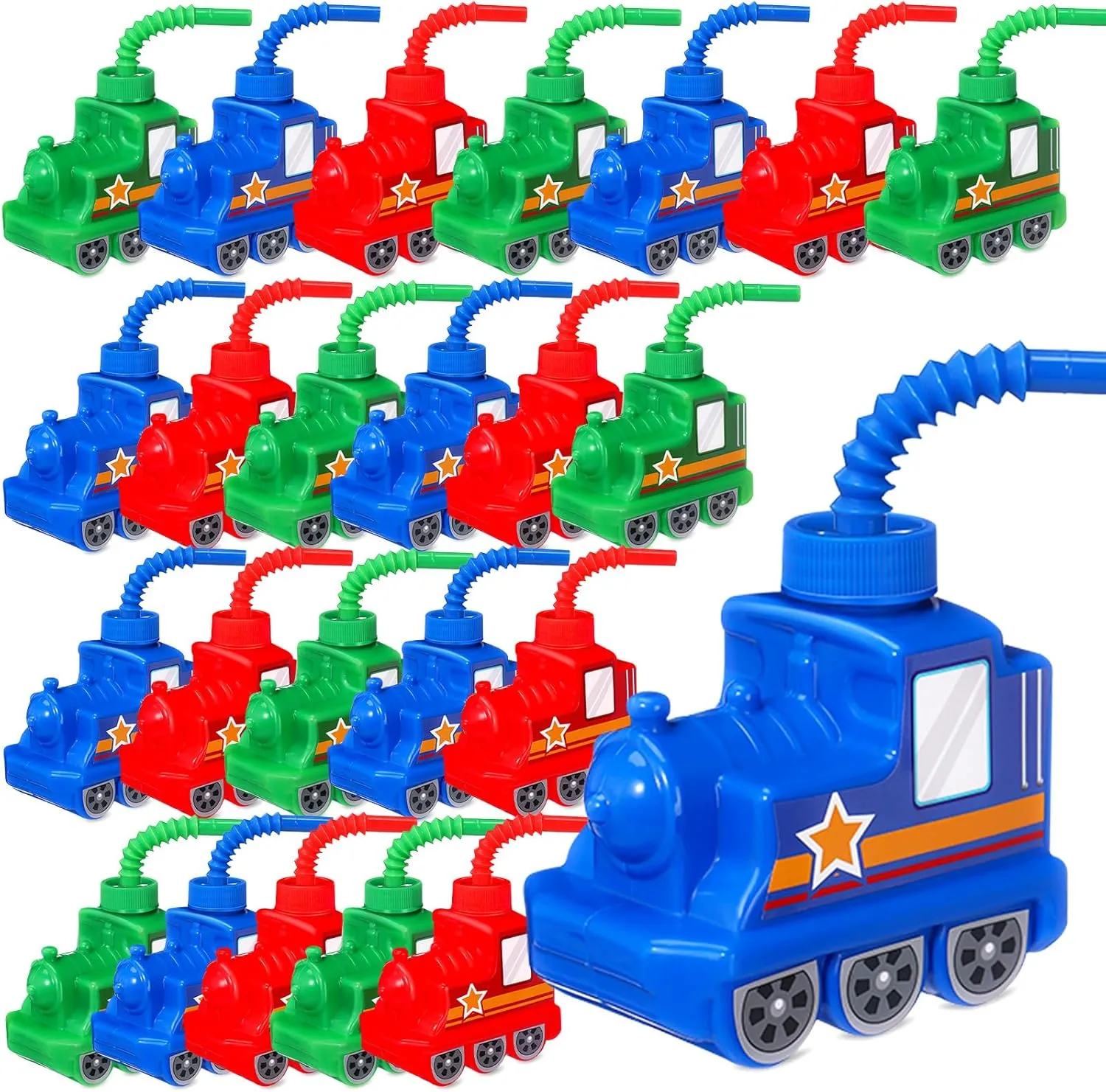 Tanlade 24 Sets 10 oz Plastic Train Shape Cup Traffic Vehicle Party Favor Supplies Train Cups with Straws, Reusable Vehicle Plastic Cups Bulk Birthday Party Favor