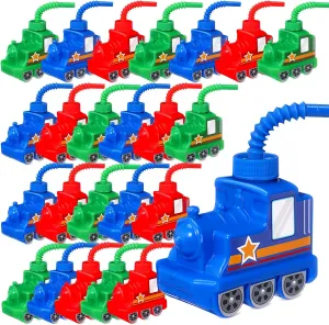 Tanlade 24 Sets 10 oz Plastic Train Shape Cup Traffic Vehicle Party Favor Supplies Train Cups with Straws, Reusable Vehicle Plastic Cups Bulk Birthday Party Favor