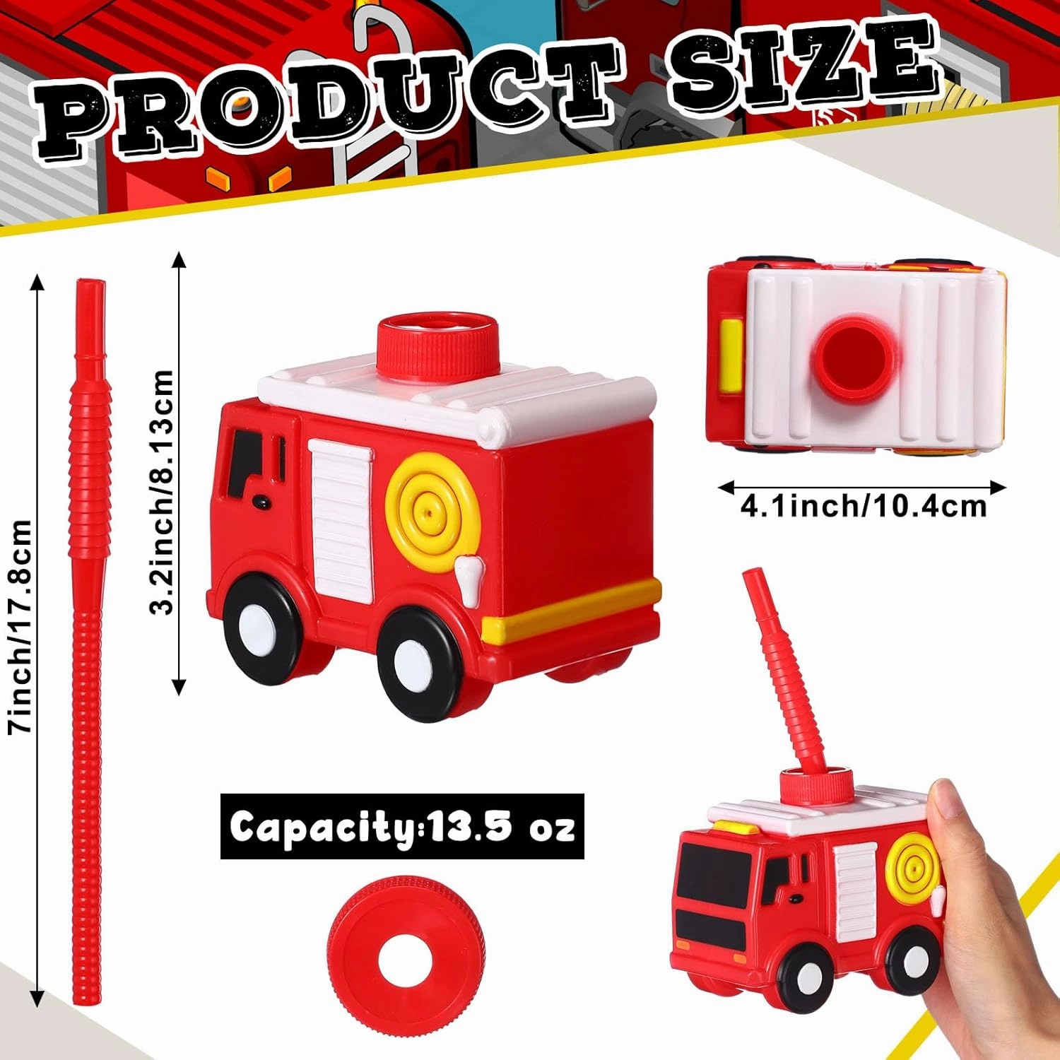 Tanlade 12 Sets Firefighter Party Favor Gift Supplies Fire Truck Cups with Straws, Plastic Fire Truck Shape Cup Reusable Firefighter Plastic Cups Bulk for Car Birthday Party Supplies