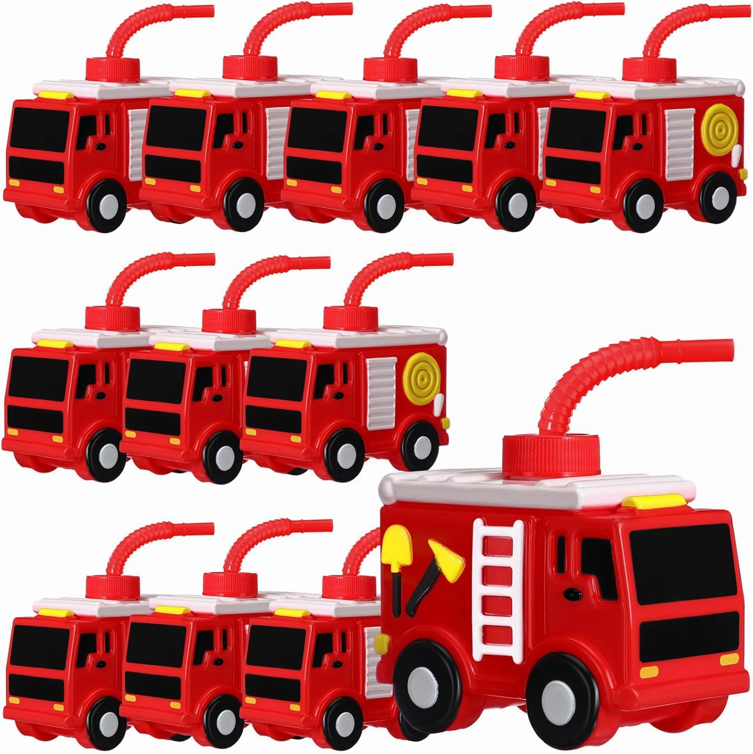Tanlade 12 Sets Firefighter Party Favor Gift Supplies Fire Truck Cups with Straws, Plastic Fire Truck Shape Cup Reusable Firefighter Plastic Cups Bulk for Car Birthday Party Supplies
