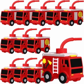 Tanlade 12 Sets Firefighter Party Favor Gift Supplies Fire Truck Cups with Straws, Plastic Fire Truck Shape Cup Reusable Firefighter Plastic Cups Bulk for Car Birthday Party Supplies