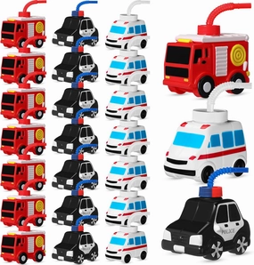 Tanlade 24 Set Truck Traffic Vehicle Cups with Straws Firefighter Ambulance Police Car Cups Reusable Firefighter Party Plastic Traffic Vehicle Birthday Party Favor for Car Decor