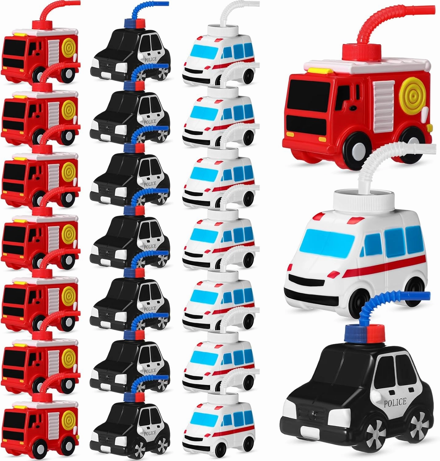 Tanlade 24 Set Truck Traffic Vehicle Cups with Straws Firefighter Ambulance Police Car Cups Reusable Firefighter Party Plastic Traffic Vehicle Birthday Party Favor for Car Decor