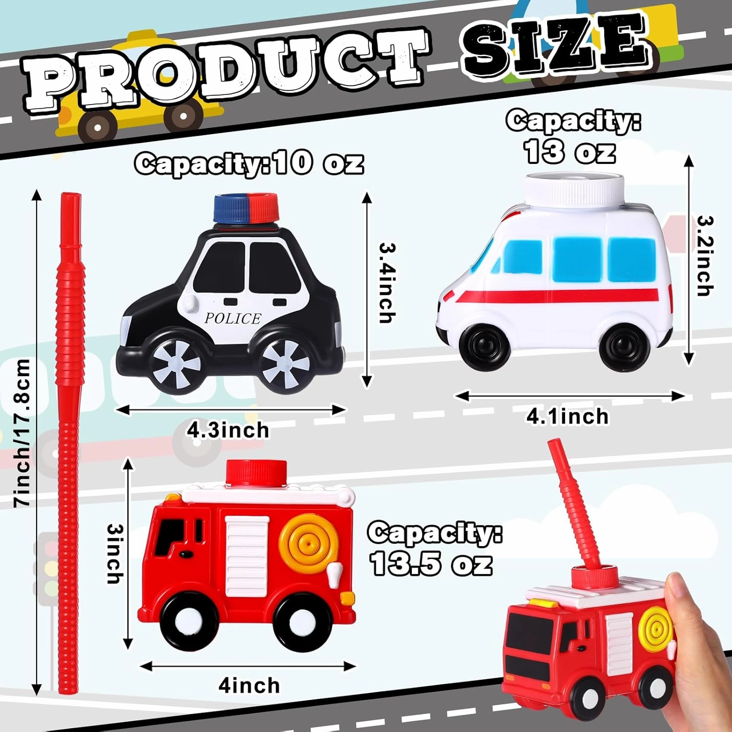 Tanlade 24 Set Truck Traffic Vehicle Cups with Straws Firefighter Ambulance Police Car Cups Reusable Firefighter Party Plastic Traffic Vehicle Birthday Party Favor for Car Decor