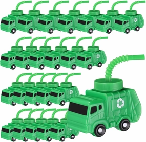 Tanlade 24 Sets Truck Birthday Party Favor Gifts Supplies Garbage Truck Cups with Straws,10 oz Plastic Garbage Car Shape Cup Reusable Car Party Decoration Vehicles Birthday