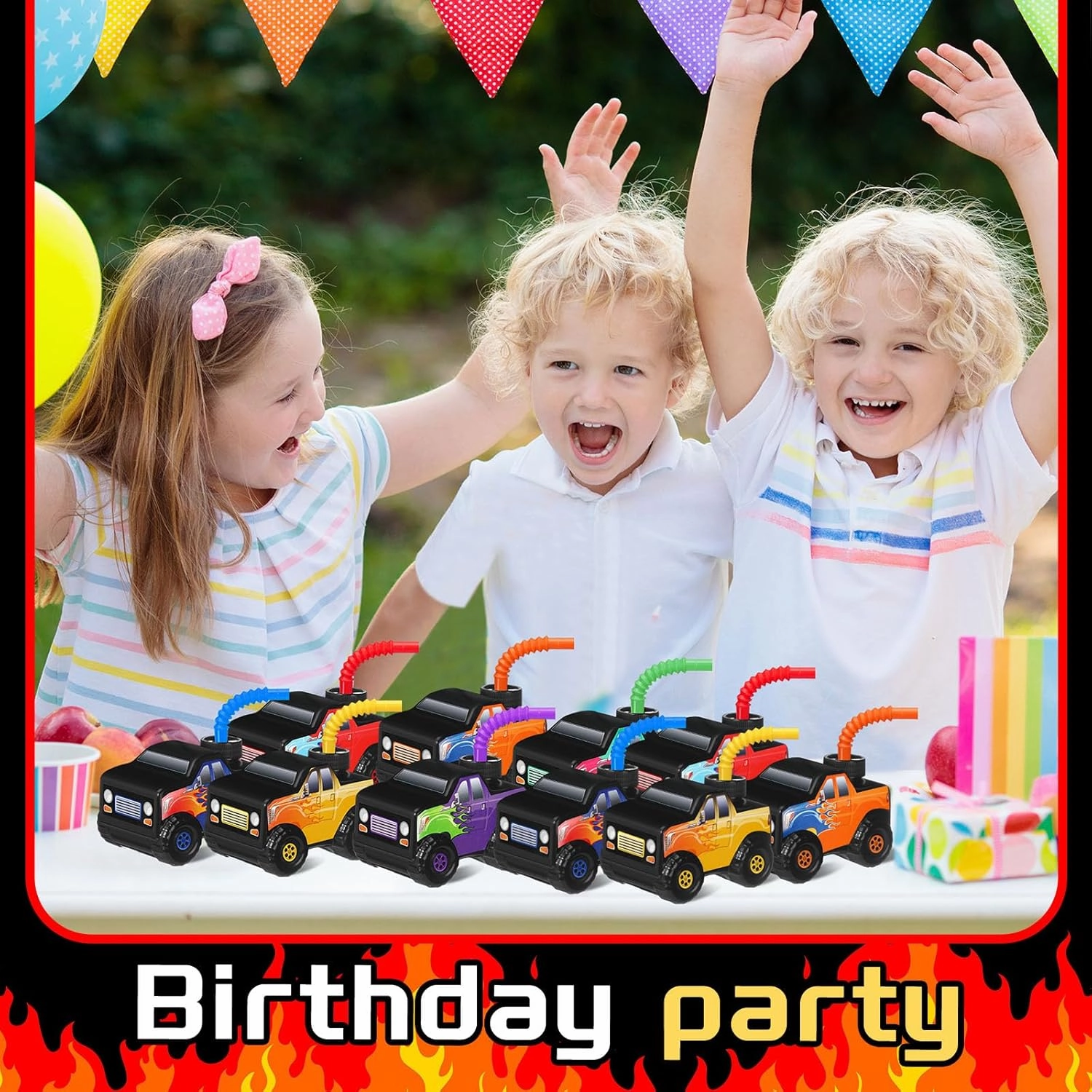Tanlade Race Car Birthday Party Favor Supplies Truck Off Road Vehicle Cups with Straws, Plastic Off Road Vehicle Drink Cup Reusable Truck Cups Bulk for Racing Party Supplies(Splicing Color,24 Set)