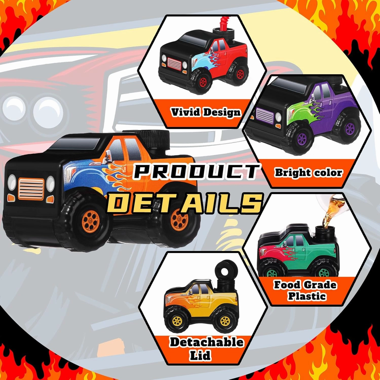Tanlade Race Car Birthday Party Favor Supplies Truck Off Road Vehicle Cups with Straws, Plastic Off Road Vehicle Drink Cup Reusable Truck Cups Bulk for Racing Party Supplies(Splicing Color,24 Set)