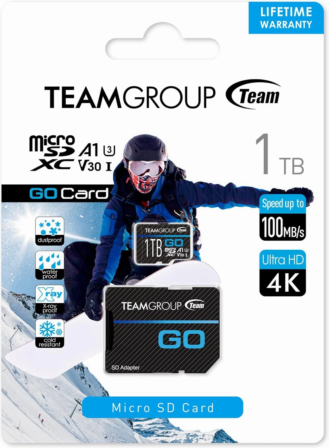 TEAMGROUP GO Card 1TB Micro SDXC UHS-I U3 V30 4K, R/W up to 100/90 MB/s for GoPro &Action Cameras High Speed Flash Memory Card w/Adapter for Outdoor, Sports, 4K Shooting, GoPro &Insta360 TGUSDX1TU303