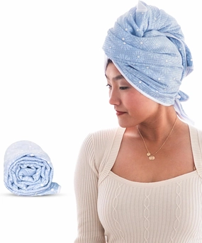 Teardrop Beauty Luxury Flat Microfiber Hair Towel Wrap for Women: Anti-Frizz, Fast Drying Hair Turban for Wet, Long, Thick, & Curly Hair - Quick Dry Microfiber Hair Drying Towel (Blue Flower)