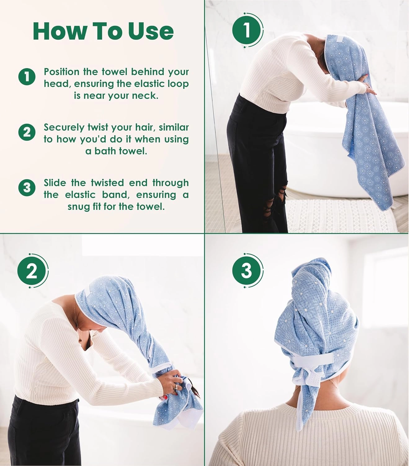 Teardrop Beauty Luxury Flat Microfiber Hair Towel Wrap for Women: Anti-Frizz, Fast Drying Hair Turban for Wet, Long, Thick, & Curly Hair - Quick Dry Microfiber Hair Drying Towel (Blue Flower)