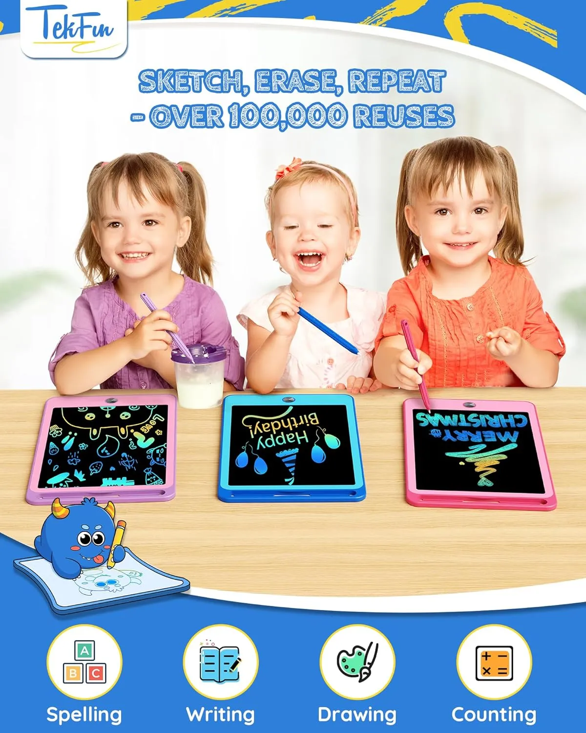 TEKFUN 3 Pack LCD Writing Tablet for Kids, 8.5 Inch Blue Pink Purple Doodle Board Drawing Board Reusable Drawing Tablet with Lanyard, Educational Kids
