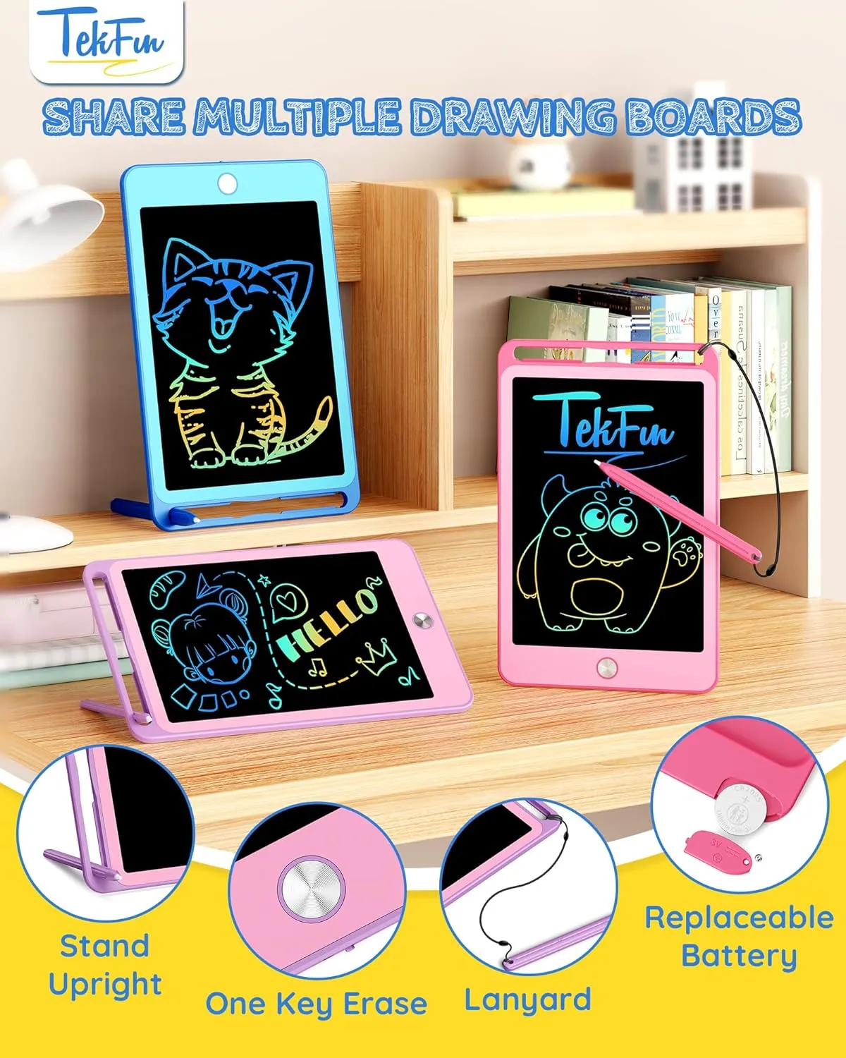 TEKFUN 3 Pack LCD Writing Tablet for Kids, 8.5 Inch Blue Pink Purple Doodle Board Drawing Board Reusable Drawing Tablet with Lanyard, Educational Kids