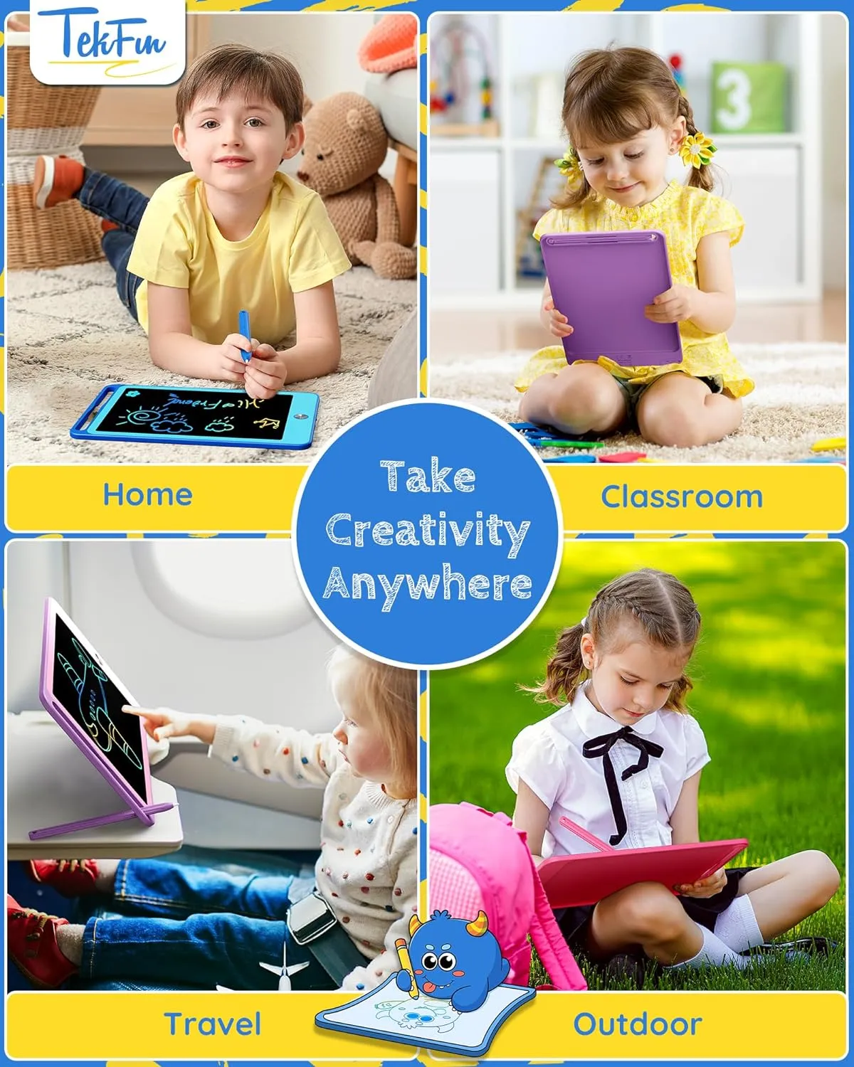 TEKFUN 3 Pack LCD Writing Tablet for Kids, 8.5 Inch Blue Pink Purple Doodle Board Drawing Board Reusable Drawing Tablet with Lanyard, Educational Kids