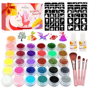 Temporary Glitter Tattoo Kids, Eleanore's Diary 31 Glitter Colors,165 Unique Stencils,2 Glue,4 Brushes,Adults & Kids Arts Glitter Make Up Kit, Gifts for Girls Boys Birthday Party Summer Festival