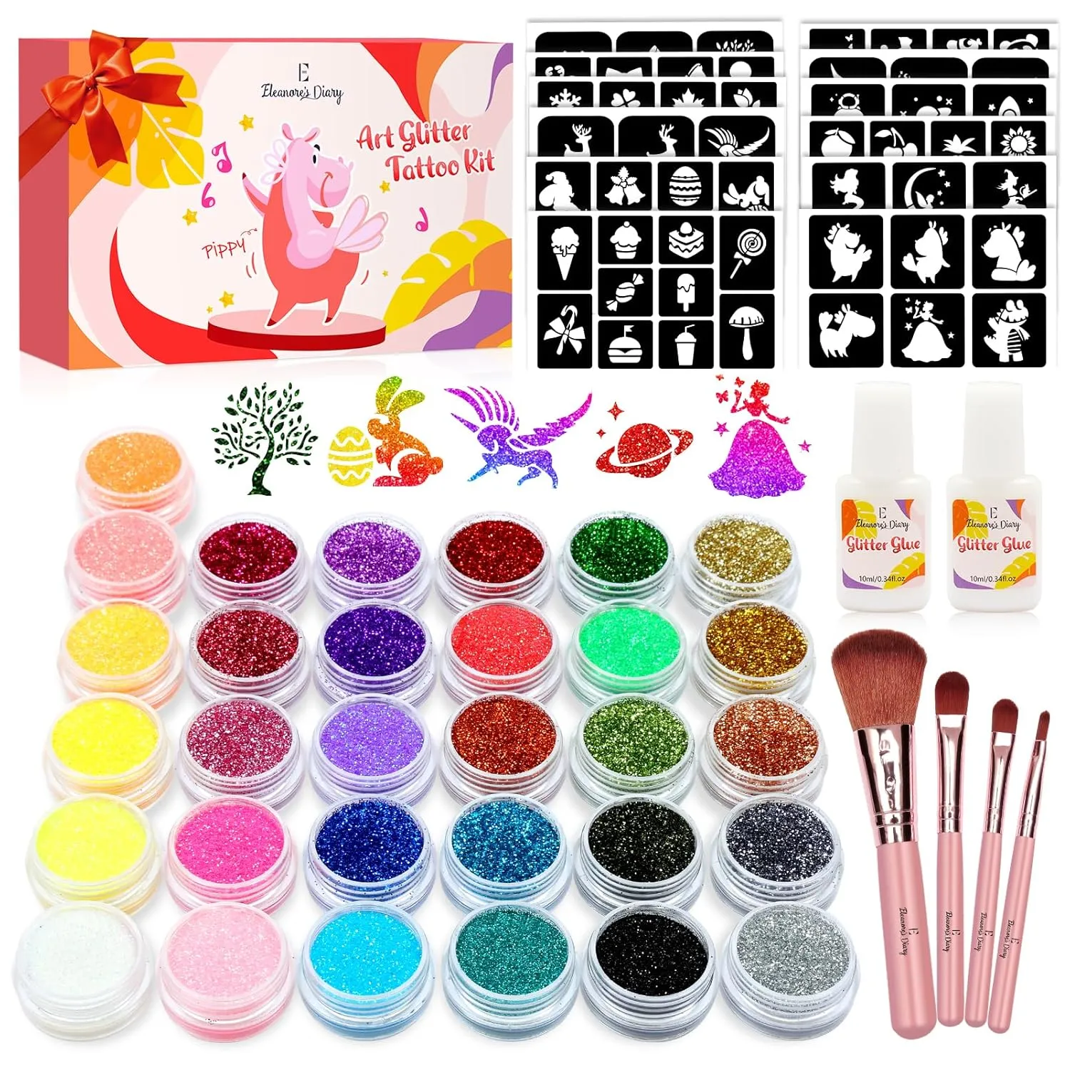 Temporary Glitter Tattoo Kids, Eleanore's Diary 31 Glitter Colors,165 Unique Stencils,2 Glue,4 Brushes,Adults & Kids Arts Glitter Make Up Kit, Gifts for Girls Boys Birthday Party Summer Festival