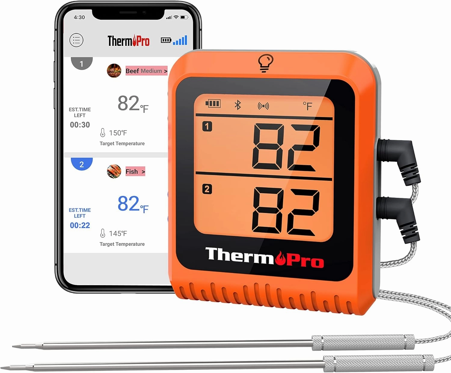 ThermoPro 650 ft Wireless Meat Thermometer Digital for Grilling and Smoking, 2 Probes Bluetooth Meat Thermometer for Cooking Turkey Fish Beef, Rechargeable Smoker Accessories for BBQ, Fathers Day Gift